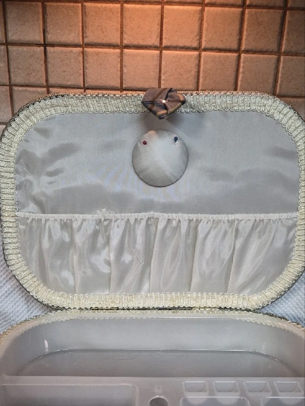 Woven Decorative Sewing Basket with Blue Pattern and Cream Trim Wooden Bottom